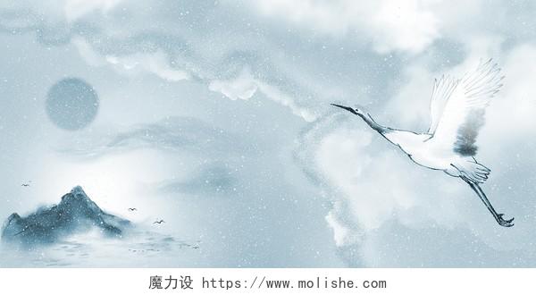 蓝色中国风水墨仙鹤山川日出霜降展板背景寒露霜降